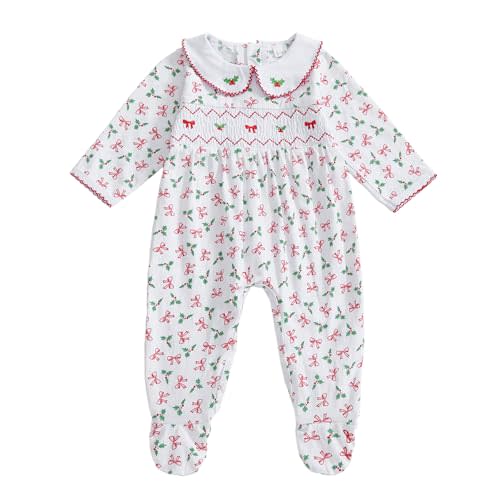Comulish Newborn Baby Girl Christmas Footie Romper Holly Leaves Bow Smocked Long Sleeve Jumpsuit Xmas Outfits