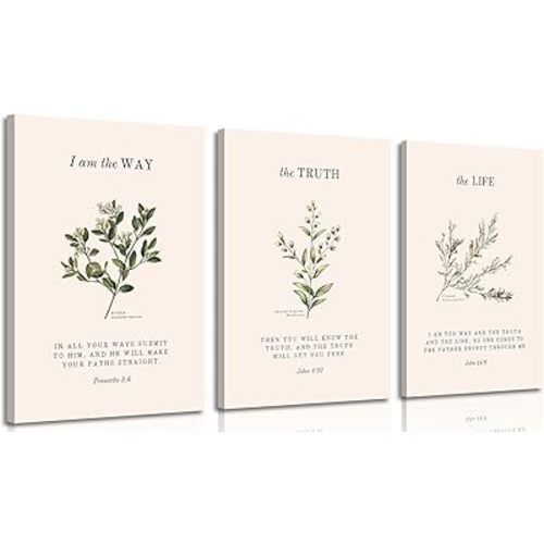 3Pcs Christian Bible Canvas Wall art Religious Psalm Verse Painting Picture Wall Decor Matthew Green Plant Floral Poster Print Artwork for Bedroom Living Room Study Home Decoration