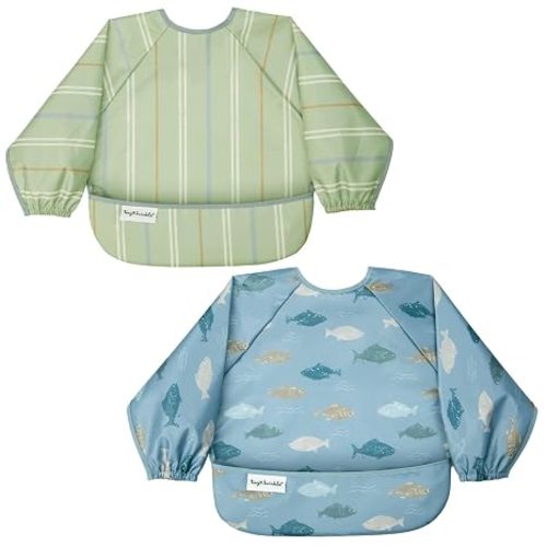 Tiny Twinkle Long Sleeve Bib for Babies&Toddlers|2-Pack Waterproof Smock Bib for Eating|Machine Washable&Mess-Proof Feeding Essentials|Newborn Shower Gift(Heritage Stripe,Gone Fishing,6-24M)