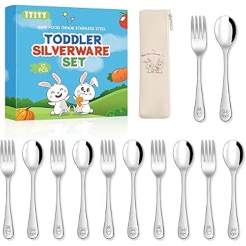 12 Pieces Stainless Steel Toddler Utensils Set - Food Grade Kids Silverware Set Children Safe Small Forks and Spoons Mirror Polished Sturdy and Durable Dishwasher Safe