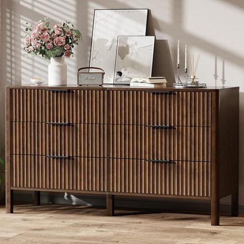 55" Wide Fluted 6 Drawer Dresser for Nursery Wooden Dresser Modern Chest of Drawers TV Stand Dressers with Organizer Storage for Bedroom, Living Room, Entryway, Hallway, Walnut