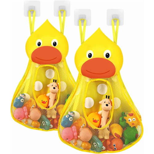 Bath Toy Organizer, Bathtub Toy Organizer Holder, Bath Toy Net Storage Holder with Adhesive Sticker Hooks (2pcs, Duck)