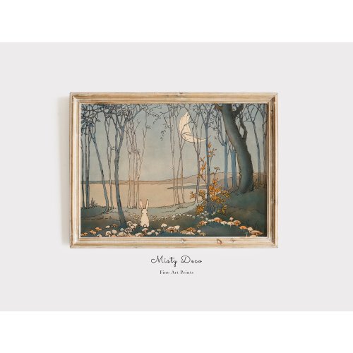 Cute Vintage Rabbit Illustration for Nursery and Kids Room, Enchanting Painting of a Rabbit Looking at the Moon, Vintage Fine Art Print.
