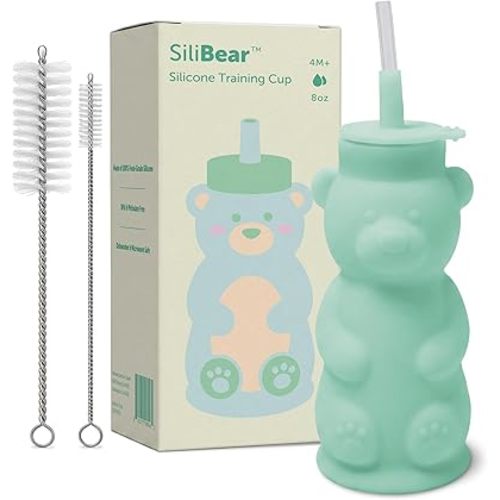 Silipint Honey Bear Straw Cup for Babies - Soft Food Grade Silicone Gentle Straw Lid Dishwasher Safe Lightweight & Easy Grip Designed for Ages 4+ Months, 8oz Sippy Cup, Green Pack of 1