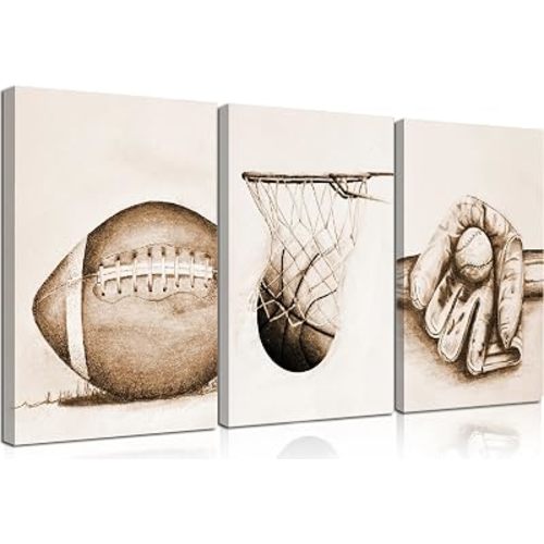 3Pcs Vintage Sports Football Baseball Basketball Wrapped Canvas Wall Art