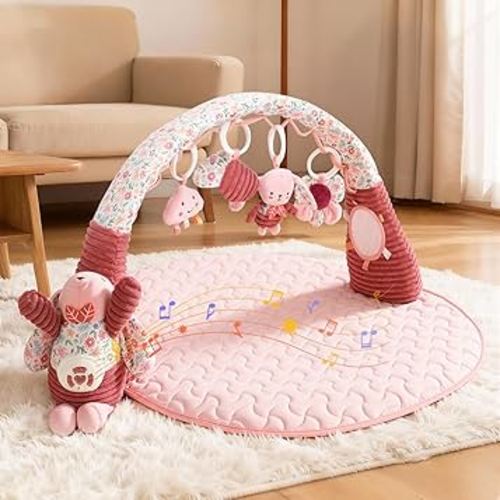 Baby Play Gym with Activity Mat, Sandbag Tummy Time Play Mat for Babies 0-6 Months & 6-12 Months, Pink Infant Play Gym with Toys for Newborn Development, Portable Baby Activity Gym Mat