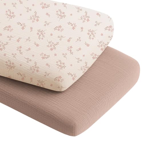Konssy 2 Pack Muslin Bassinet Sheets for Boys, Girls, 100% Cotton Soft Breathable Fitted Bassinet Mattress Sheet, 33 x 21 inches (Soft Blooms,Taupe)