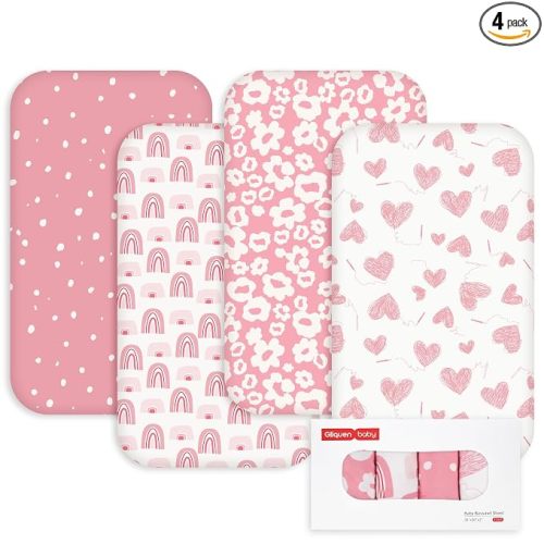 Gllquen Baby Bedside Sleeper Bassinet Sheets 33x20 Inch 4 Pack Girl Boy | Soft OEKO-TEX Certified Bassinet Crib Sheet, Compatible with Baby Delight, Newton Rectangle Bassinet Mattress, Pink Love