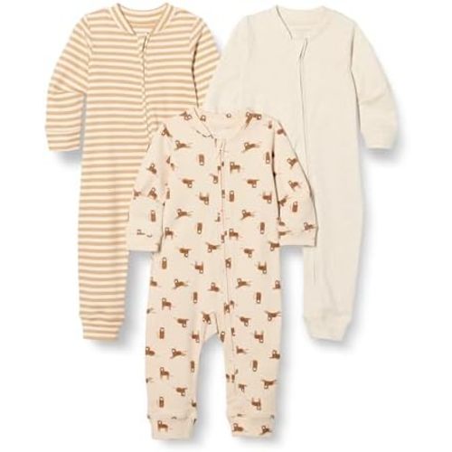 Amazon Essentials Unisex Babies' Cotton Zip-Front Sleep and Play Footless Sleepsuit, Pack of 3, Oatmeal Heather/Stripe/Tiger, 0-3 Months