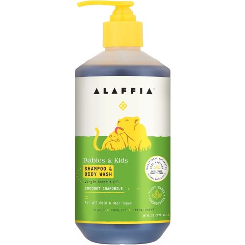 Alaffia EveryDay Coconut Shampoo & Body Wash - Babies and Kids, Gentle and Non-Irritating Support for Soft Hair and Skin with Yarrow and Chamomile, Fair Trade, Coconut Chamomile 16 Fl Oz
