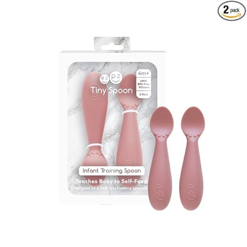 ezpz Tiny Spoon (2 Pack in Blush) - 6 Months+ - 100% Silicone Spoon for Baby Led Weaning + Purees - Designed by a Pediatric Feeding Specialist - Shower Essentials & Gifts