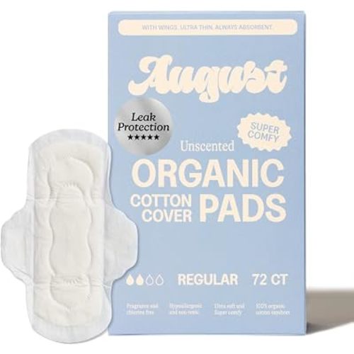 August Organic Pads for Women, 72-Pack Regular Organic Pads with Wings
