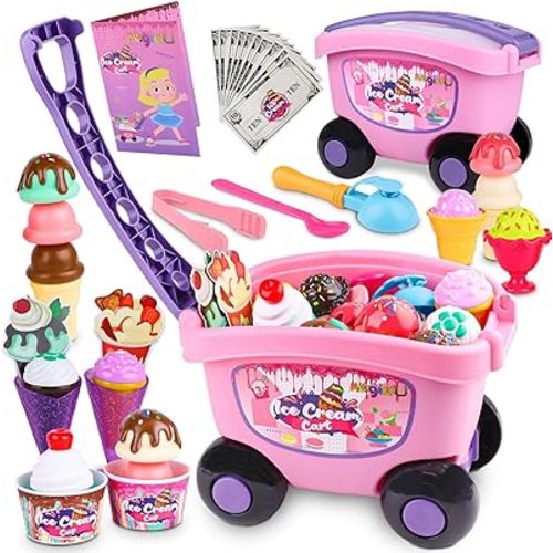 Magic4U Ice Cream Cart Toys for Kids, 48 Piece Ice Cream Shop Pretend Play Set with Scooper, Toppings and Other Scoop and Serve Toys for 3 4 5 6 Years Old Girls Gifts