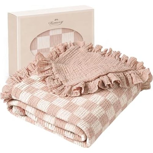 Konssy 100% Cotton Muslin Baby Blanket with Ruffle Trim for Girls, 43"x39"