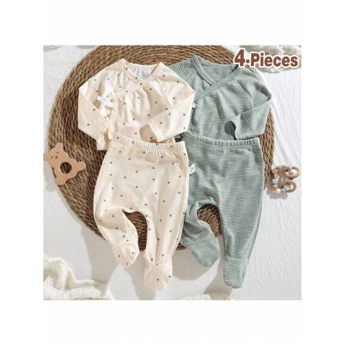 Loomiva Conjunto de 4 piezas para bebé recién nacido: Top de manga larga de cuello redondo suave tejido con estampado floral diminuto y pantalones largos de cintura elástica | SHEIN USA