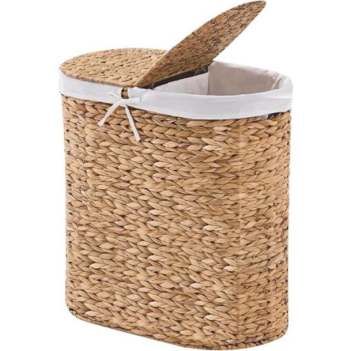 Laundry Hamper with Lid, Handwoven Water Hyacinth Clothes Hamper with Removable Liner Bags, 2 Section Wicker Laundry Basket for Bedroom, Laundry Room and Bathroom(Natural,110L)