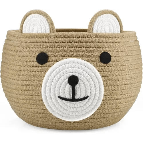 PandaEar Cotton Rope Baby Basket, Baby Gift Basket Nursery Laundry Organizer with Cute Bear Design for Storage Infant Newborn Essentials, Diaper Caddy with Handle (Brown)