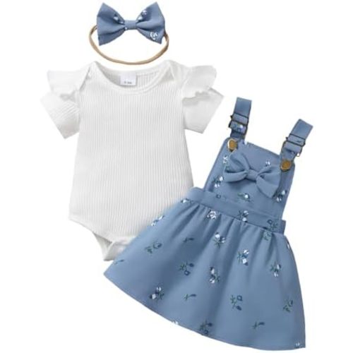 Newborn Baby Girl Summer Overall Dress Infantl Short Sleeves Ribbed Romper Bow Skirt Set 3Pcs Outfits