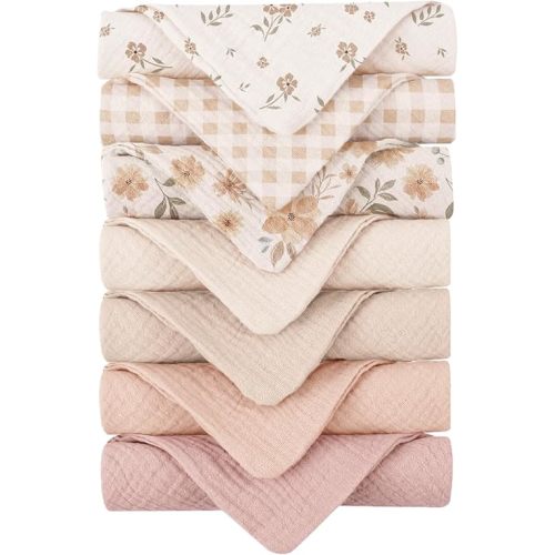 Konssy Baby Muslin Washcloths 7-Pack, 100% Cotton Baby Bath Washcloths, Soft & Absorbent Wash Cloths and Burp Cloths for Newborn Kids Girls & Boys, 11x11 inches