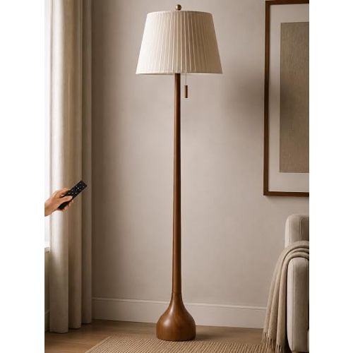 MOFFE Mid Century Modern Real Wood Floor Lamp with Remote, 2 Shades