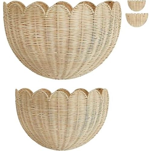 Scalloped Wicker Hanging Basket Wicker Decor Hand Woven Décor Hanging Wall Storage Basket Storage & Home for Living Room Bathroom Kitchen, 2 Pcs