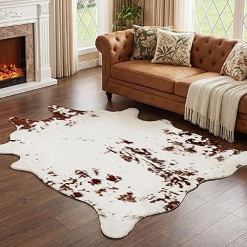 JONIYEAR Large Durable Faux Cowhide Area Rug 4.9 x 6.56 Feet, Premium Cow Print Rug for Living Room Bedroom, Durable Faux Fur Animal Cow Hide Carpet for Western Farmhouse Decor, Brown and White