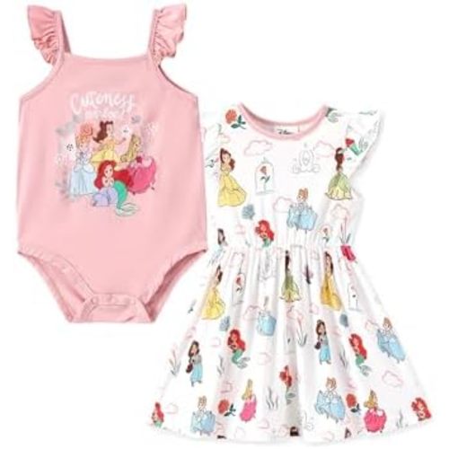 Disney Baby Girls Bodysuit and Round Neck Ruffle Sleeve Dress Clothes Outfit Set for Newborn to Infant