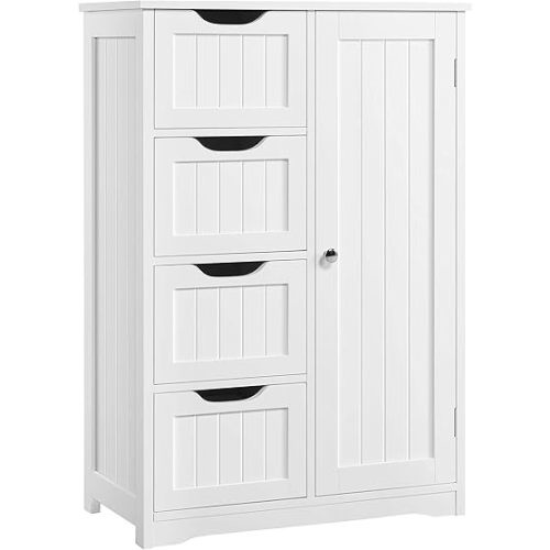 Yaheetech Wooden Floor Cabinet, Side Storage Organizer with 4 Drawers and 1 Cupboard, Freestanding Entryway Storage Unit Console Table, Bathroom Furniture Home Decor, White