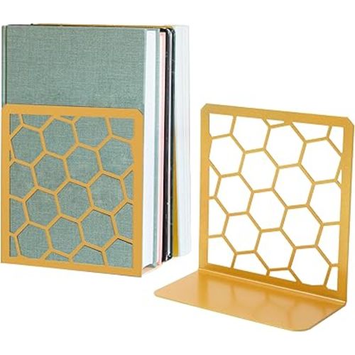GEOMOD Geometric Honeycomb Gold Metal Bookends Decorative - Tall Sturdy Book Ends for Shelves - Modern Heavy Duty Bookend Stopper - Office or Home Book Shelf Book Holder - 6x3.25x6.25 Inches - 1 Pair