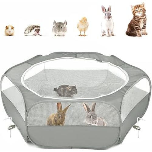 Pawaboo Small Animals Playpen, Waterproof Small Pet Cage Tent with Zippered Cover, Portable Outdoor Yard Fence with 3 Metal Rod for Chick/Kitten/Puppy/Guinea Pig/Rabbits/Hamster/Chinchillas,Light Gray