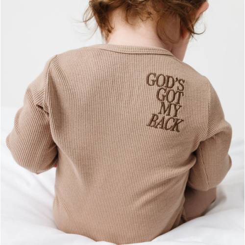 God's Got My Back Beige PJ Footed Onesie Ribbed Cotton-Bamboo Blend