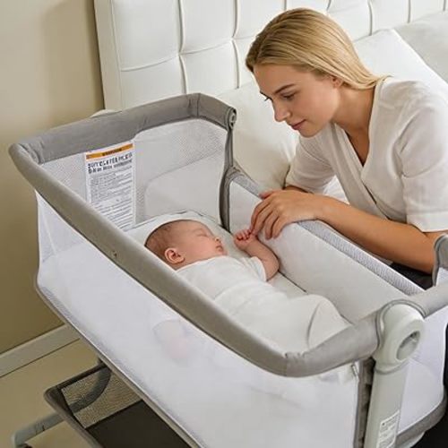 GAOMON 3 in 1 Portable Baby Bedside Sleeper Bassinet on Wheels, All Mesh Sides Breathable Easy Folding with Carry Bag, Double Lock 6 Adjustable Heights, Anti-Reflux 1-7°, Mosquito Net, Storage Basket | All Mesh Breathable, Portable & Carry Bag, Double Loc