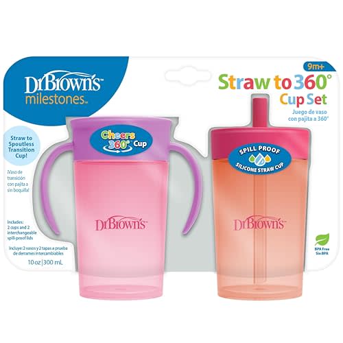 Dr. Brown's Milestones Straw to 360 Convertible Toddler Training Cup Set with Interchangeable Silicone Straw and 360 Degree Cup Lids, Pink Coral, 10 oz/300 mL, BPA-Free, 9m+, 2-Pack