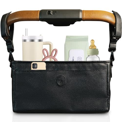 Universal Stroller Organizer with Cup Holder - Vegan Leather Stroller Caddy, 4 Built-In Pockets, Shoulder Strap, Fits Mockingbird, UppaBaby, Nuna, BOB and More