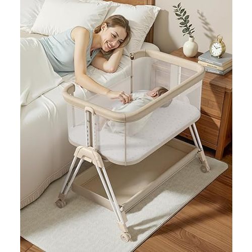 Fodoss Baby Bassinets Bedside Sleeper - Bed Side Bassinet Newborn with Wheels, Storage Tray,7 Height Adjustable, Beige