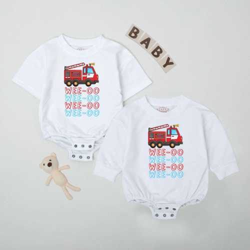 Wee-oo Firetruck Baby Romper, Firefighter Baby Bodysuit, Baby Boy Outfit, Baby Firefighter Outfit, Firefighter Baby Announcement