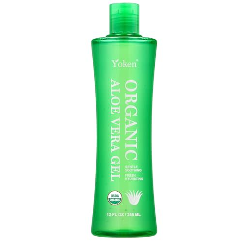 Yoken USDA Certified Organic Aloe Vera Gel 12oz, 99% Pure Aloe Vera Juice, Gel-to-Water Texture, Alcohol Free, No Added Fragrance, Face Body Hair Care, Cooling & Refreshing Summer Skincare