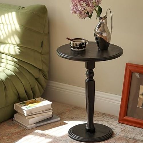 100% Solid Oak Round Pedestal Side Table for Living Rooms, Small Drink Tables for Small Spaces, Tall End Table for Bedroom, Corners, and Nursery (Black, 15.75" D x 21.26" H)