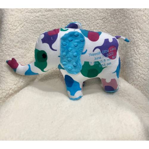 Custom Stuffed Elephant Keepsake: Birth Stat Memory Elephant. made from blanket or clothing