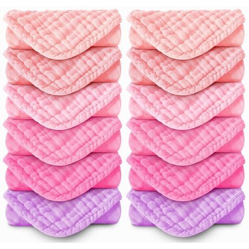 MOON PARK Baby Washcloths, 12 Pack - 12x12 Inches, Small Burp Cloths and Baby Wipes - 100% Cotton Muslin Ultra Soft for Newborn, Infant and Toddlers - Pink, Purple and Sakura Series