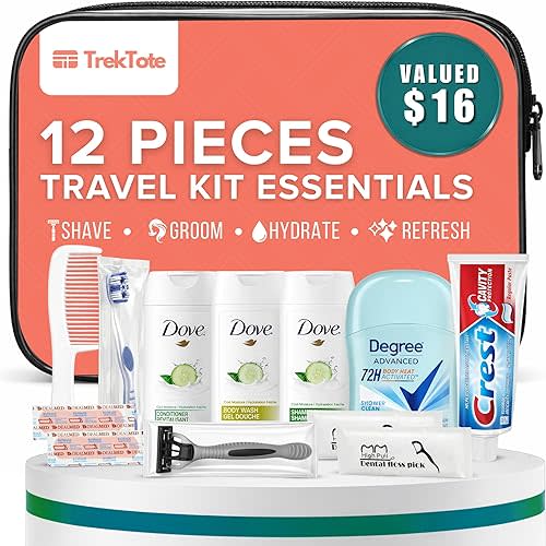 Trektote 12-Piece Women’s Travel Hygiene Kit with Toiletries & Grooming Essentials, TSA-Compliant, Clear Cosmetic Bag, Available in Bulk