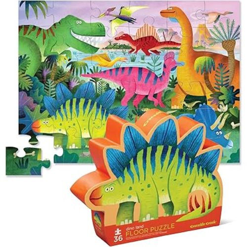 Crocodile Creek 36-Piece Jigsaw Floor Puzzle - Fun Floor Puzzles for Kids Ages 3-5 - Heavy-Duty Shaped Box for Storage - Dino Land - 27" W x 20" H Finished