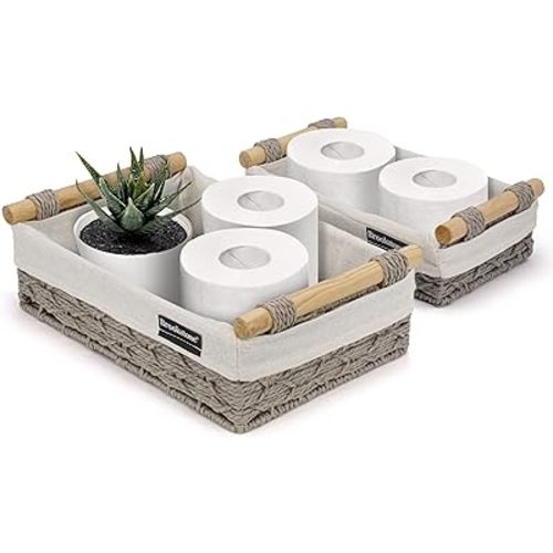 BROOKSTONE [2 PIECE SET] Wicker Storage Basket with Crafted Wood Handles, Organization and Storage Container, Decorative Shelf Bin, Over the Toilet Paper Reserve, Suitable for Any Home Décor Style