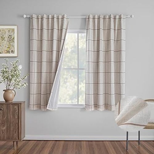 MYSKY HOME 100% Blackout Brown Plaid Linen Curtains 63 Inches Long Checkered Double Layer Farmhouse Thermal Insulated Print Drapes with Rod Pocket Back Tab for Living Room Bedroom, 2 Pcs, 52" Wide