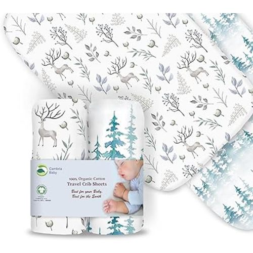 100% Organic Cotton Fitted Travel Crib Sheets, Perfectly Compatible with Guava Lotus, BabyBjorn, Dream On Me and All mattresses 22-26" Wide by 40-44" Long. Strap Holes in Corners. 2 Pk, Deer & Forest