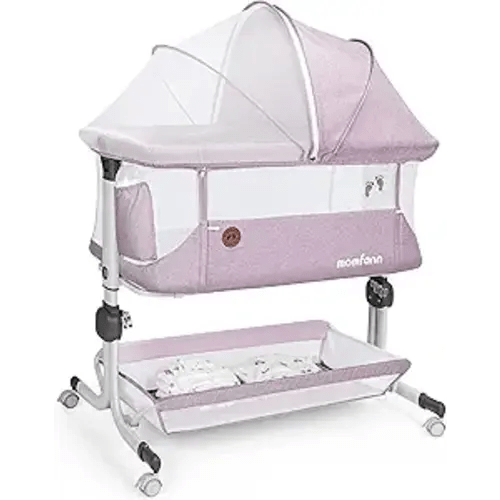 Baby Bassinet Bedside Sleeper, Upgraded Stability Bedside Crib with Full Mesh Sides, Soft Sheet, 6-Height Adjustment, Storage Basket, Easy Folding Portable Bassinet for Newborns,Pinkish Purple