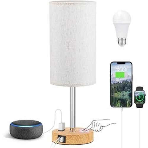 Fenmzee Touch Table Lamp - Cream, 3-Way Dimmable, USB A + C Charging, AC Outlet, 17.4inch Medium, Wood Grain Base