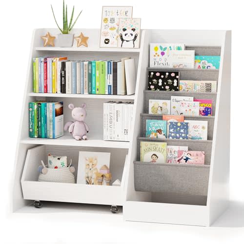COZPAW Kids Bookshelf and Toy Storage, 4 Tier Toddler Bookshelf with Movable Drawer 5 Sling Pockets, Montessori Book Shelf for Kids Room, Playroom, Nursery (White)