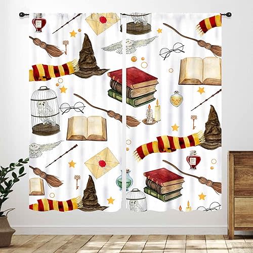 Magical Wizard Curtains,Gothic Magic Witch Mysterious Funny Book Hat Wizard Skull Owl Boys Girls Teen Bedroom Living Room Bathroom Window Treatments Halloween Decor Drapery 2 Panels,42X45 Inch