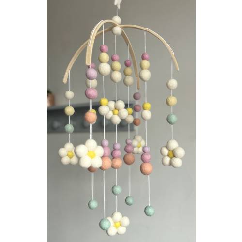 Daisy Baby Mobile: Pastel Rainbow Felt Ball Nursery Decor